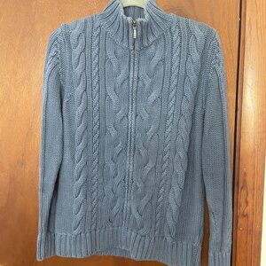 LL Bean Women's Blue Cable Knit Full Zip Cardigan Sweater 100% Cotton 517893